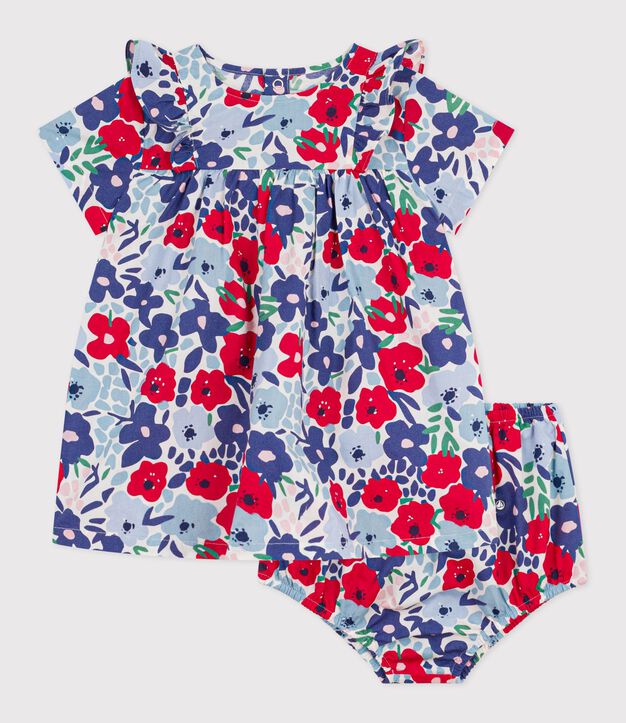 Kurz&auml;rmeliges Babykleid aus Baumwolle und dazu passender Bloomer mit Blumenmuster weiss/vielfarbig