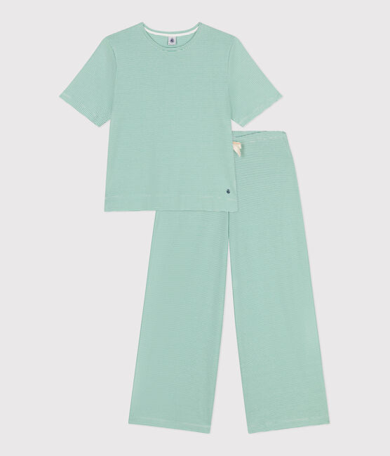 Damen-Pyjama aus Baumwolle mit weiten Beinen und Streifen grün ALOEVERA/weiss MARSHMALLOW