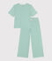 Damen-Pyjama aus Baumwolle mit weiten Beinen und Streifen grün ALOEVERA/weiss MARSHMALLOW