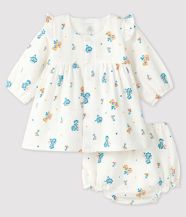 Lang&auml;rmeliges Blumenkleid mit Unterhose aus Windelstoff f&uuml;r M&auml;dchen weiss/vielfarbig