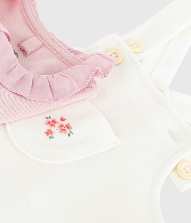 Baby-Latzhosen-Set aus einfarbiger Baumwolle mit h&uuml;bschen Verzierungen naturfarben/rosa