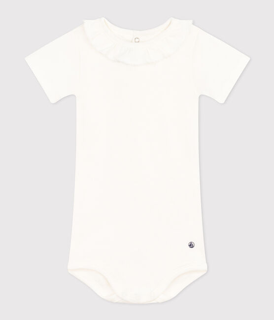 Kurzärmeliger Baby-Body aus Baumwolle mit Rüschenkragen weiss MARSHMALLOW