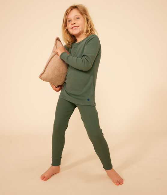Einfarbiger Pyjama aus Baumwolle und Lyocell für kleine Mädchen und Jungen grün CROCO
