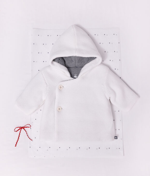 Wattierte Baby-Jacke aus Strick mit Ringelstreifen-Futter weiss
