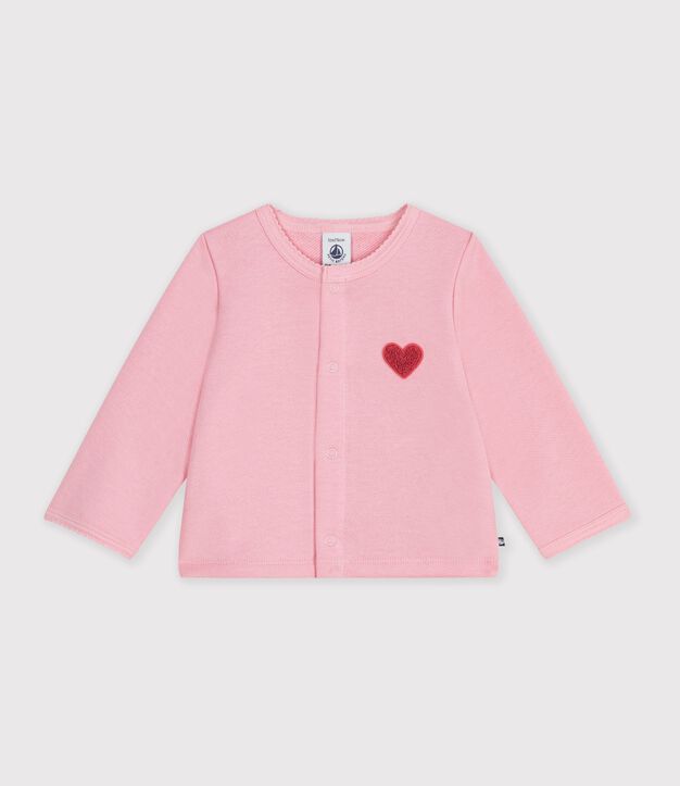 Baby-Cardigan aus einfarbiger Baumwolle mit Herzaufn&auml;her rosa