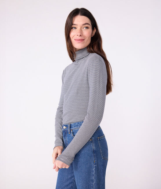 Damen-Rollkragenshirt "L'Iconique" aus Baumwolle blau SMOKING/weiss MARSHMALLOW