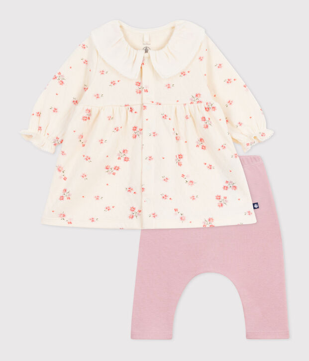 Baby-Kleid mit gebl&uuml;mtem Kragen und Leggings aus Baumwolle naturfarben/vielfarbig