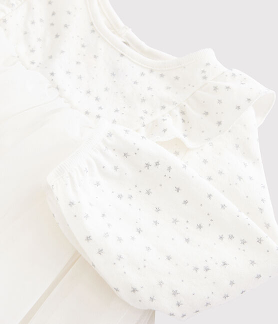 Langärmeliges Baby-Kleid für Mädchen weiss MARSHMALLOW/grau ARGENT