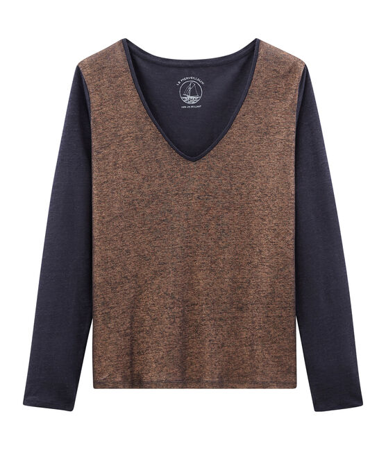 Schillerndes langärmeliges damen-t-shirt aus leinen blau SMOKING/rosa COPPER