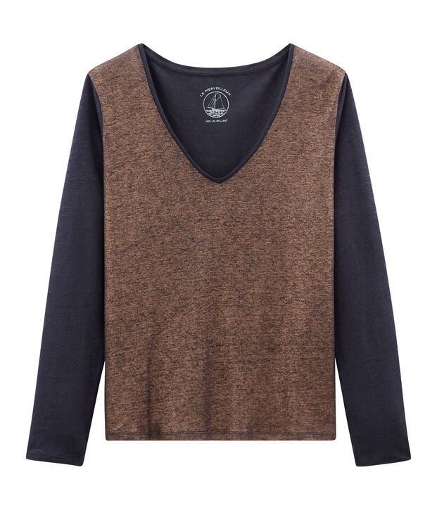Schillerndes lang&auml;rmeliges damen-t-shirt aus leinen blau/rosa
