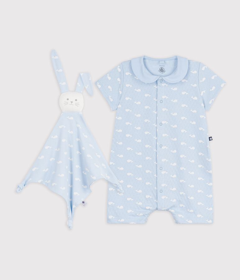 Baby-Geschenkset Overall und Kuscheltier mit Walmotiven blau/weiss