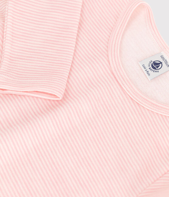 Langärmeliges T-Shirt aus Wolle und Baumwolle mit Ringelstreifen für Mädchen rosa CHARME/weiss MARSHMALLOW