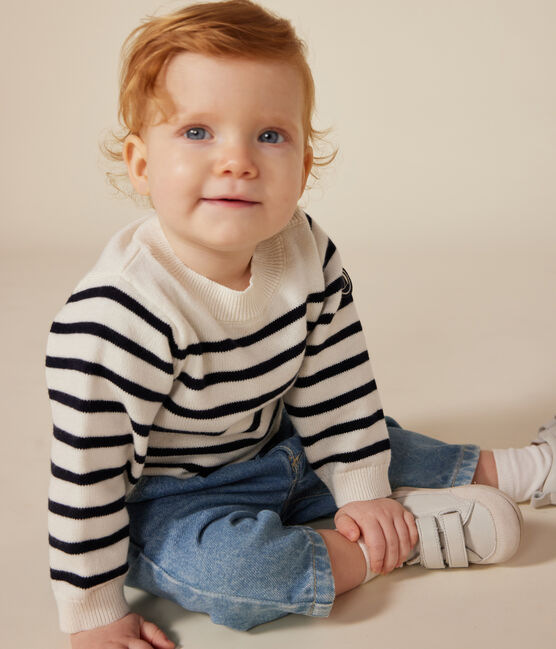 Baby-Pullover aus Woll- und Baumwollstrick weiss MARSHMALLOW/blau SMOKING