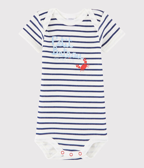 Kurzärmeliger Baby-Body Mädchen/Jungen weiss MARSHMALLOW/blau MEDIEVAL