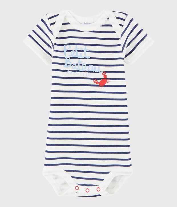 Kurz&auml;rmeliger Baby-Body M&auml;dchen/Jungen weiss/blau