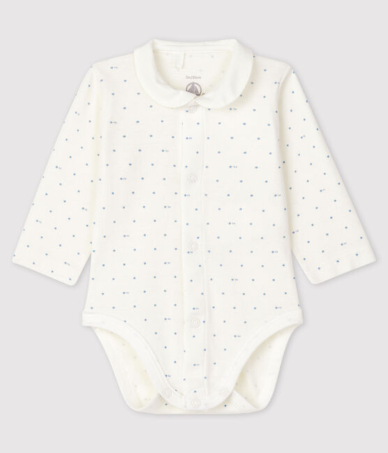 Langärmeliger Baby-Body weiss MARSHMALLOW/blau ACIER
