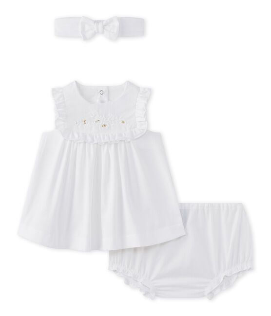 Dreiteiliges Baby-Mädchen-Ensemble aus Popeline weiss ECUME