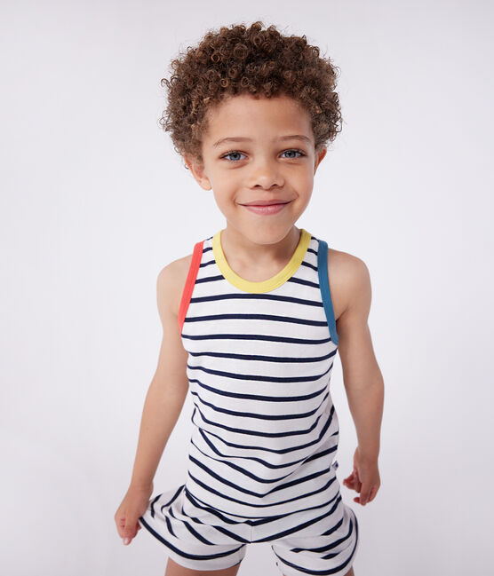 Kinder-Kurzpyjama aus Baumwolle mit gestreiftem Tanktop weiss MARSHMALLOW/blau SMOKING