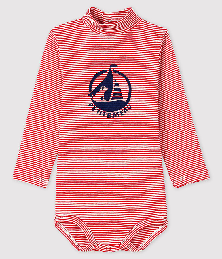 Lang&auml;rmeliger Baby-Body mit Rollkragen rot/weiss