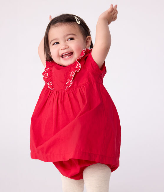 Kurzärmeliges Babykleid aus einfarbiger Baumwolle und dazu passender Bloomer rot TERKUIT