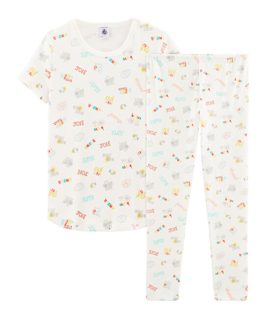 Rippstrick-Pyjama für Mädchen weiss MARSHMALLOW/weiss MULTICO