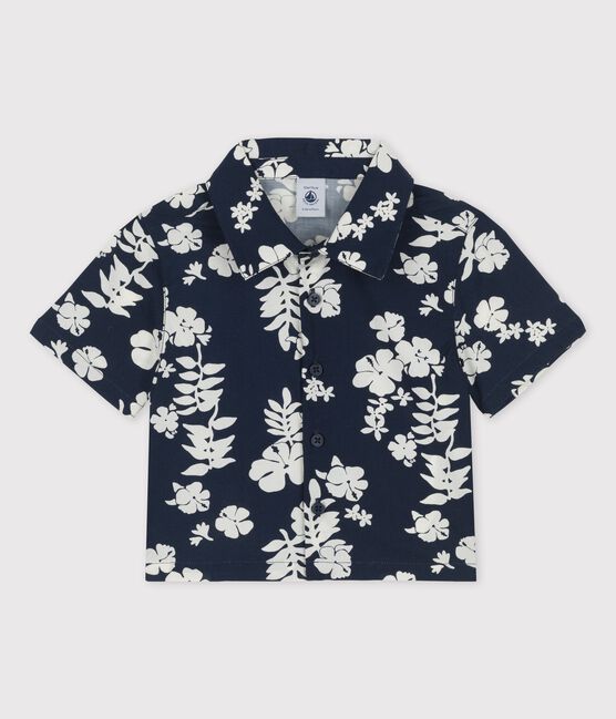 Kurzärmeliges Babyhemd mit Hawaii-Motiv blau MEDIEVAL/weiss MARSHMALLOW