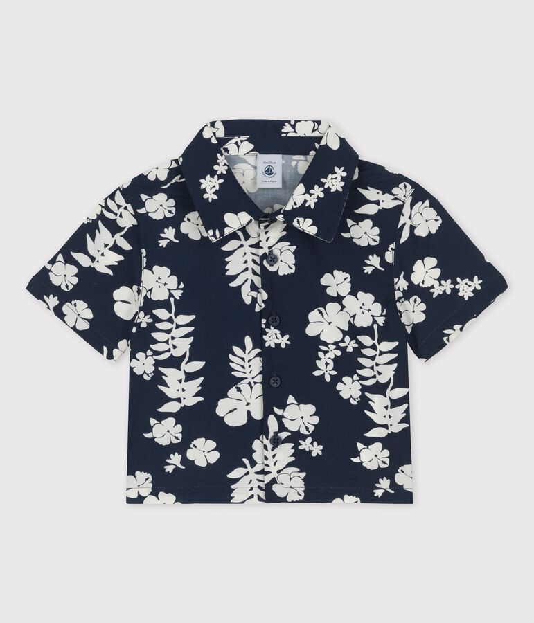 Kurz&auml;rmeliges Babyhemd mit Hawaii-Motiv blau/weiss
