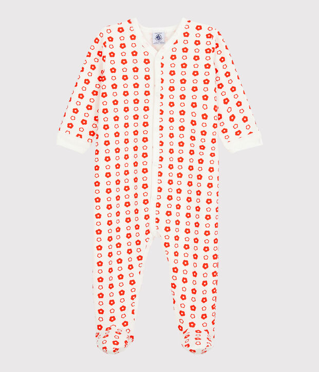 Baby-Strampler aus Molton und Bio-Baumwolle mit Blumenmuster im Retro-Look weiss/rot