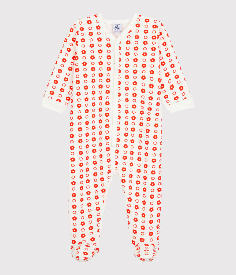 Baby-Strampler aus Molton und Bio-Baumwolle mit Blumenmuster im Retro-Look weiss/rot