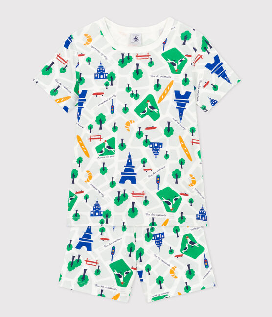 Kurzer Kinderpyjama aus Baumwolle mit Paris-Printmotiv weiss MARSHMALLOW/blau MEDIEVAL/ MULTICO