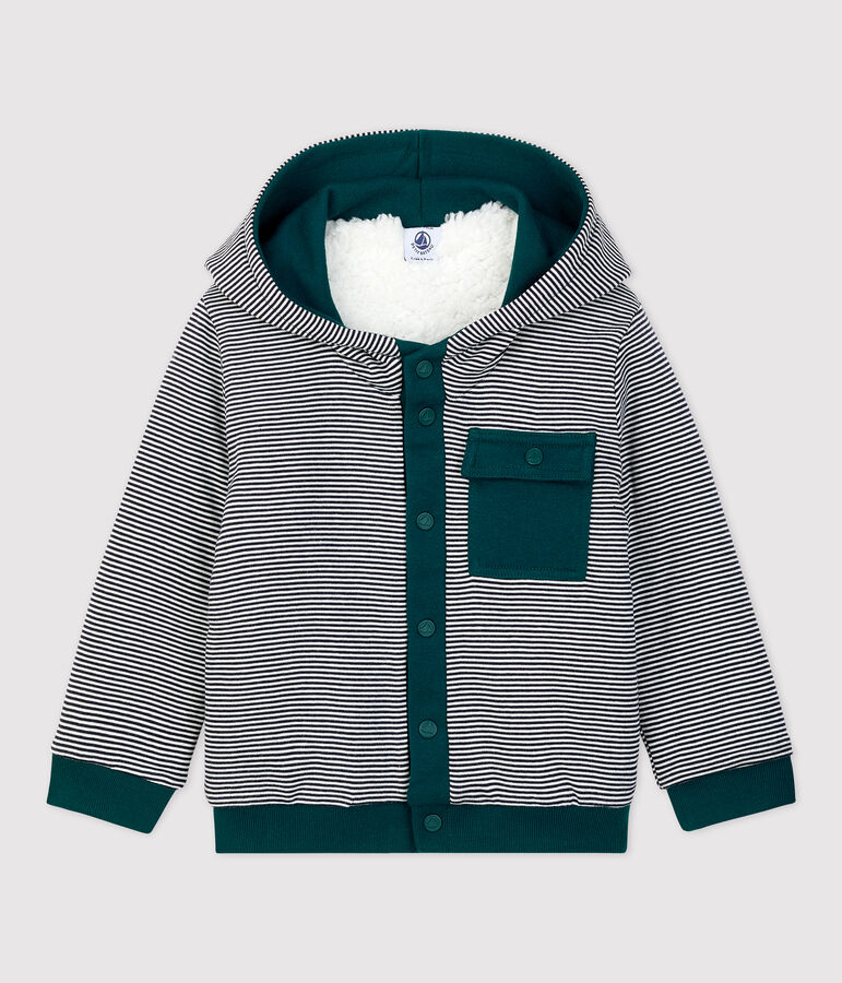 Baby-Cardigan aus Sherpa. weiss/gr&uuml;n