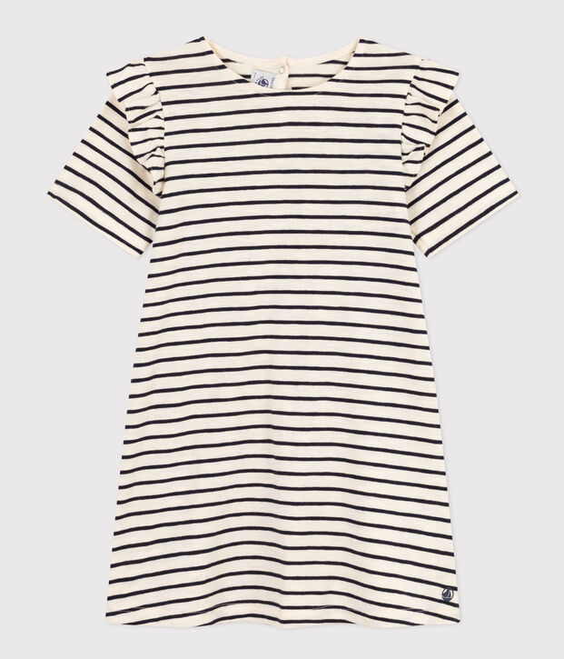 Kurz&auml;rmeliges gestreiftes Kleid aus Baumwolle Kinder/M&auml;dchen naturfarben/blau