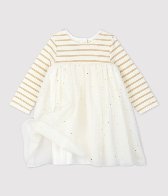 Langärmeliges Babykleid aus Materialmix für Mädchen beige COQUILLE/gelb LUREX DORE