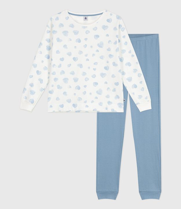 Damen-Pyjama aus zwei Baumwollstoffen mit Herzmotiv blau/vielfarbig