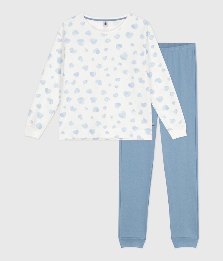 Damen-Pyjama aus zwei Baumwollstoffen mit Herzmotiv blau/vielfarbig