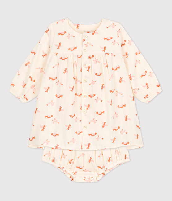 Babykleid mit Bloomers aus Musselin mit Vogelmotiv weiss AVALANCHE/ MULTICO