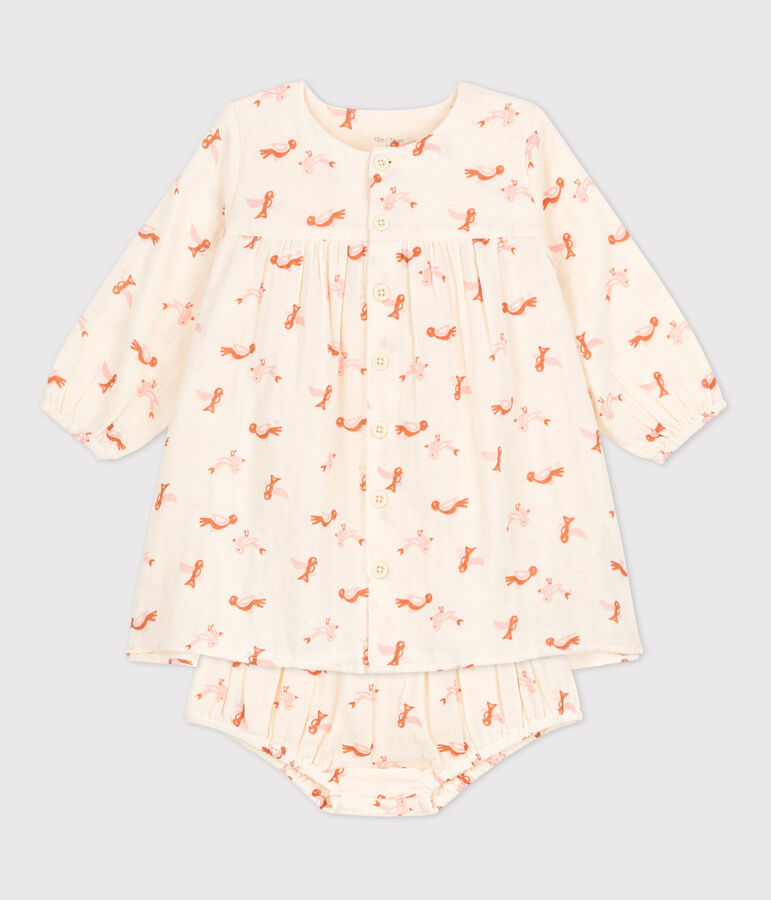 Babykleid mit Bloomers aus Musselin mit Vogelmotiv naturfarben/vielfarbig