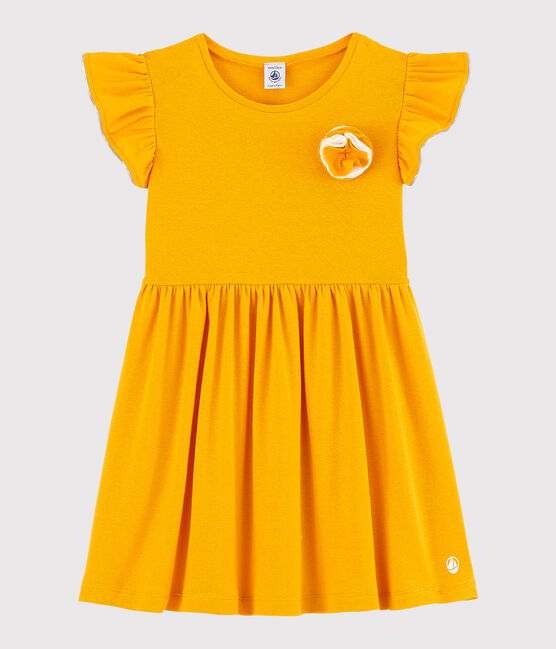 Kurzärmeliges Kinder-Kleid aus Baumwolle und Leinen für Mädchen gelb TEHONI