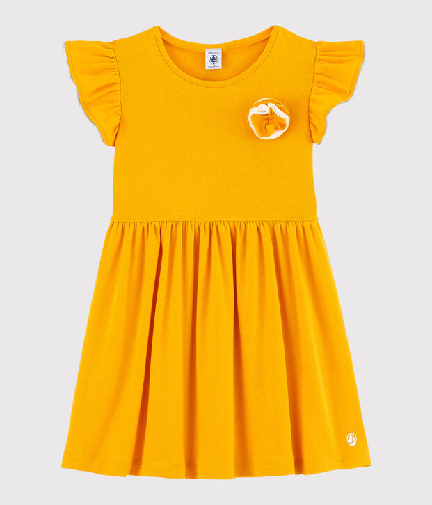 Kurz&auml;rmeliges Kinder-Kleid aus Baumwolle und Leinen f&uuml;r M&auml;dchen gelb