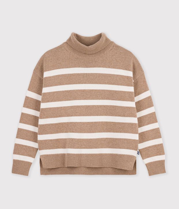 Damen-Pullover mit Rollkragen aus Wolle und Baumwolle mit Streifen beige/naturfarben