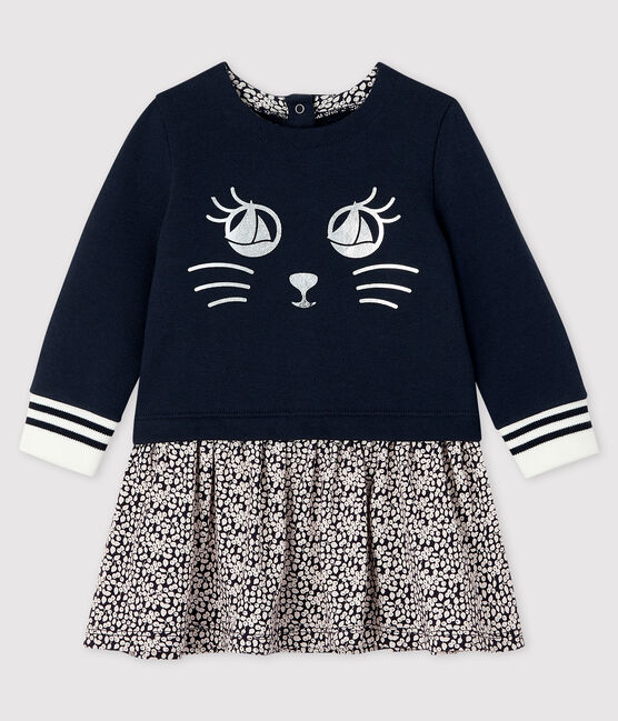 Langärmeliges Baby-Kleid für Mädchen blau SMOKING/weiss MARSHMALLOW
