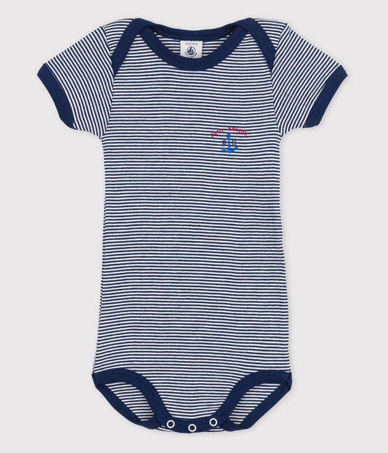 Kurzärmeliger Baby-Body für Mädchen blau MEDIEVAL/weiss MARSHMALLOW
