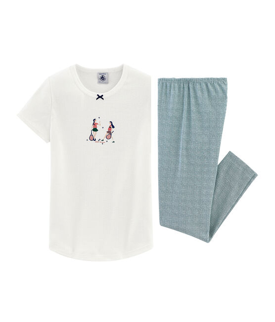 Kurzärmeliger Rippstrick-Pyjama für kleine Mädchen weiss MARSHMALLOW/rosa ROSAKO