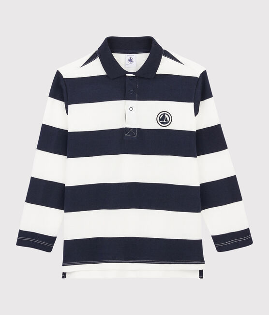 Langärmeliges Kinder-Poloshirt für Jungen blau SMOKING/weiss MARSHMALLOW