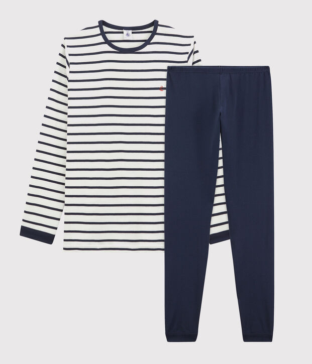 Kinderpyjama aus Baumwolle im Matrosenmuster f&uuml;r Jungen weiss/blau