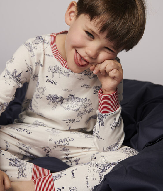 Pyjama aus Baumwolle mit Paris-Motiv im Toile-de-Jouy-Stil für Jungen weiss MARSHMALLOW/blau MEDIEVAL