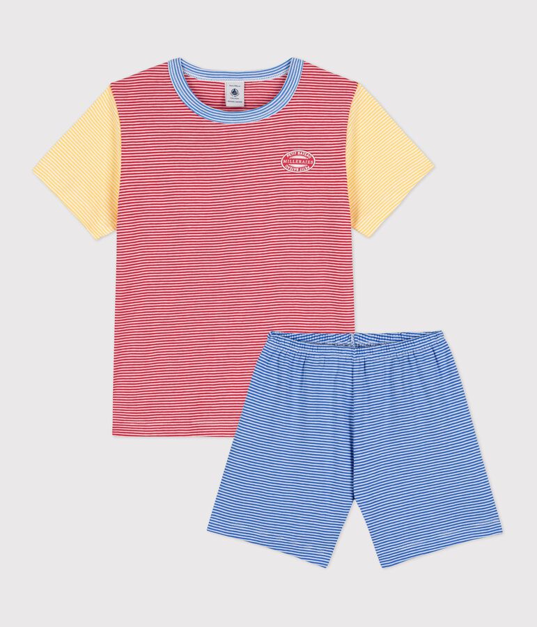 Kinder-Kurzpyjama aus Baumwolle mit roten, blauen und gelben Ringelstreifen f&uuml;r Jungen rot/vielfarbig