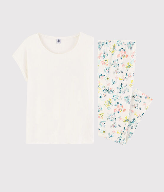 Pyjama aus Baumwolle mit Frühlingsblumenmotiv für Mädchen/Damen weiss MARSHMALLOW/weiss MULTICO