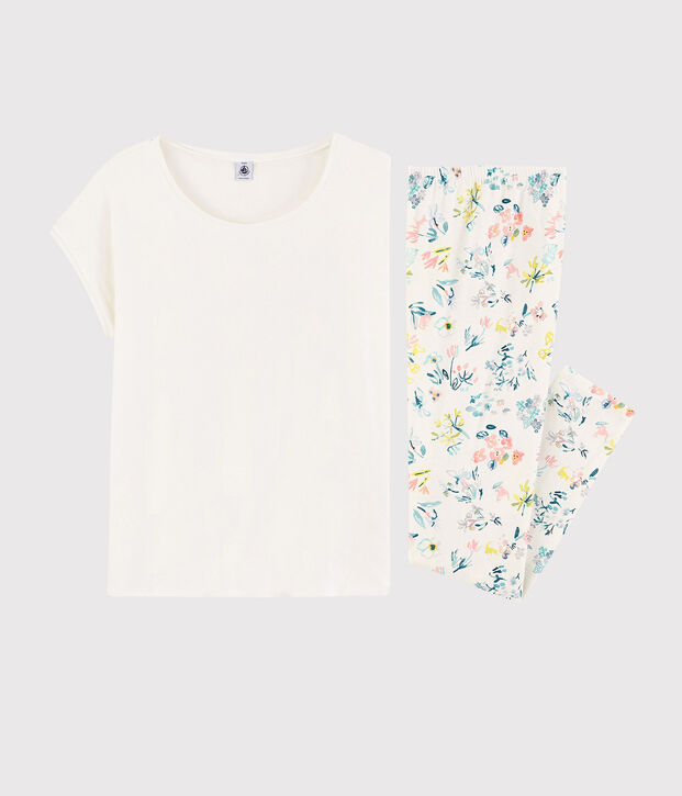 Pyjama aus Baumwolle mit Fr&uuml;hlingsblumenmotiv f&uuml;r M&auml;dchen/Damen weiss/vielfarbig