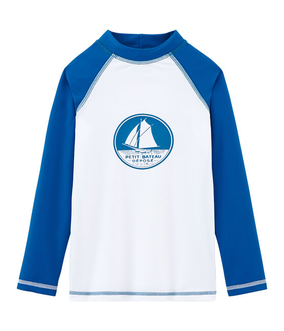 Sonnenschutz-T-Shirt Mädchen und Jungen weiss MARSHMALLOW/blau RIYADH